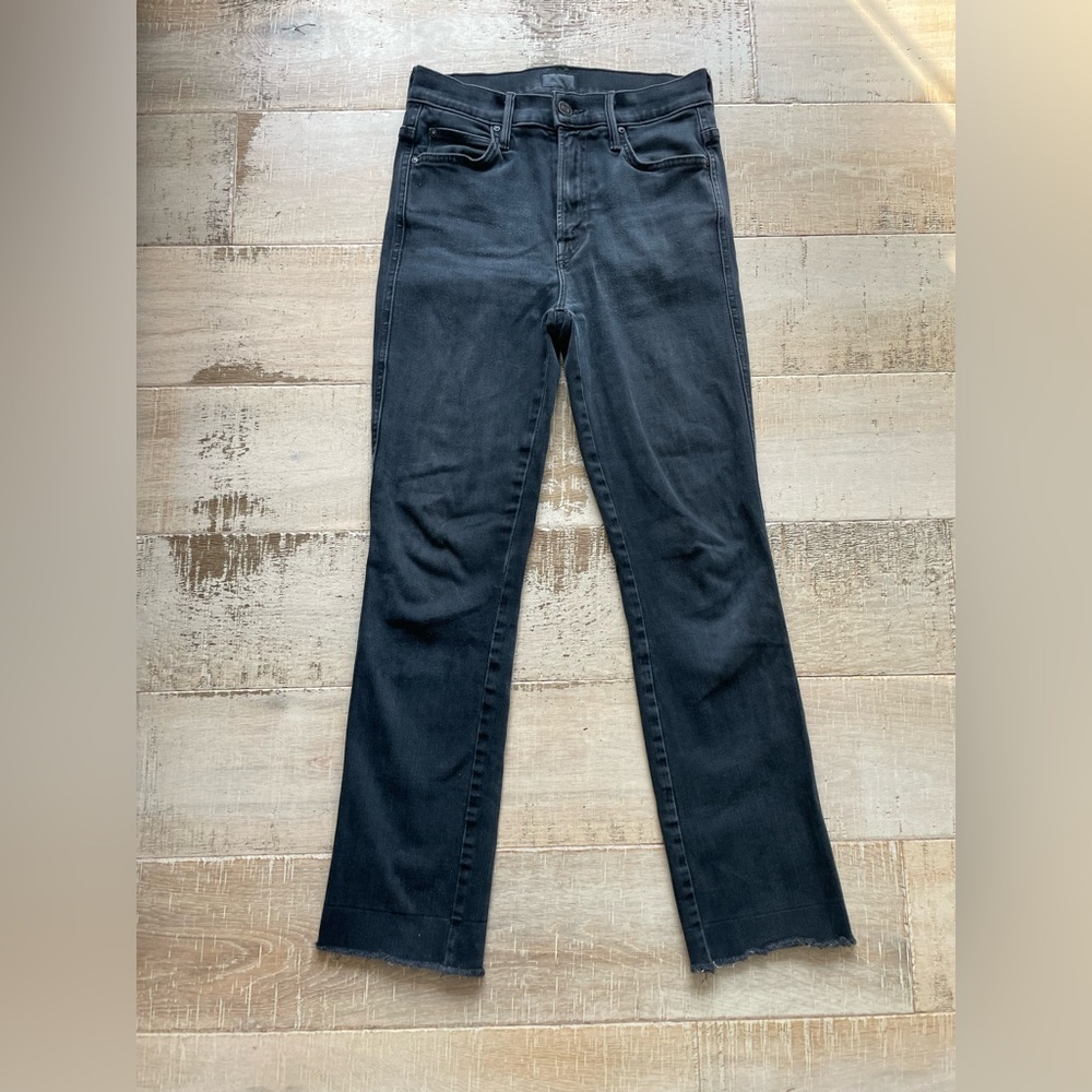 MOTHER Size 25 Black Denim Jeans High Waisted Rascal Ankle Fray Straight Leg